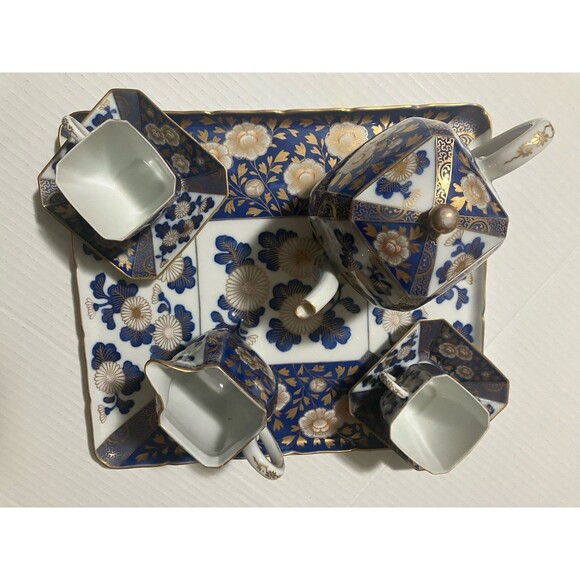 Antique 7 Piece Fukagawa Koransha Cobalt Blue and Gold Gilt Tea Set W Platter - Picture 4 of 15